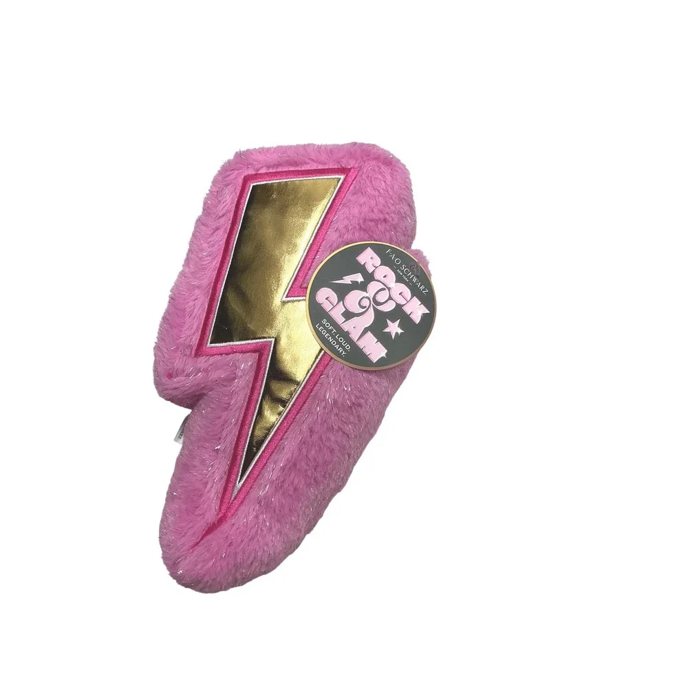 FAO Schwarz Rock Glam Pink Faux Fur Gold Lightning Bolt Plush Decorative Pillow